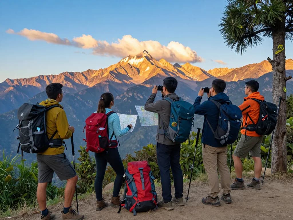 Travelers exploring scenic mountains at sunset with Fly88 gear, embodying adventure and exploration.
