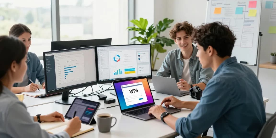 Professionals collaborating on WPS Download in a modern office.