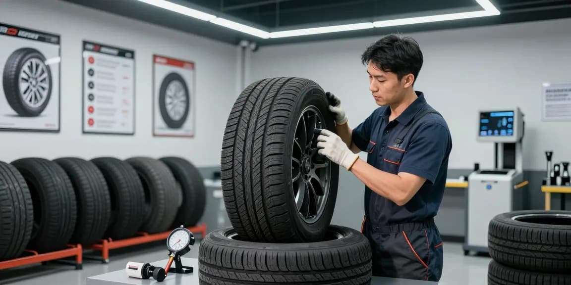 Professional mechanic examining Double Coin RR99 tire tread in a well-lit automotive workshop.