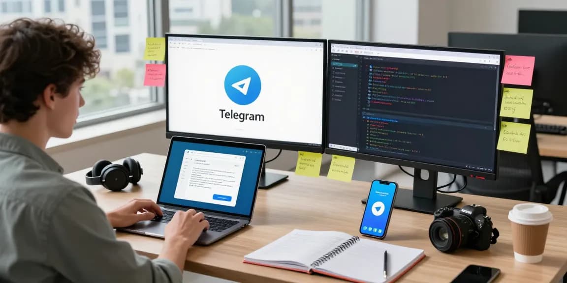 Download Telegram on multiple devices in a modern workspace with vibrant tech elements