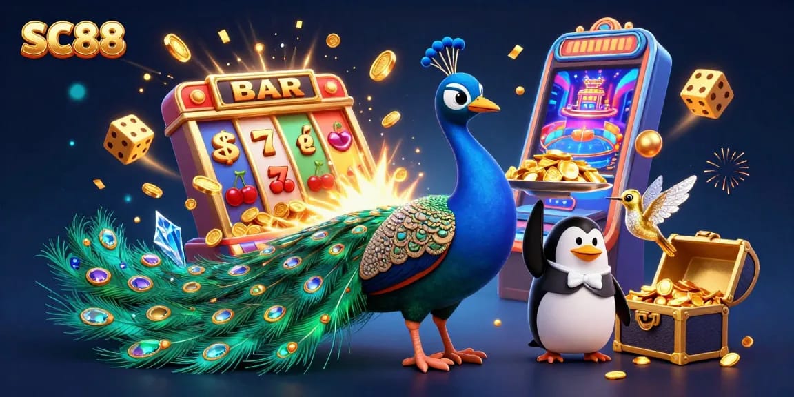 Play exciting casino games at SC88 with vibrant peacock characters and winning symbols.