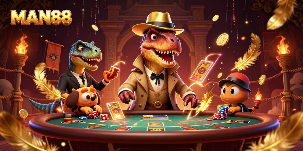 Experience thrilling action at MAN88 with a velociraptor card counter in a dynamic casino scene.