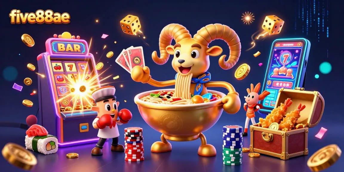 Engage in thrilling gambling at five88ae with a vibrant 3D casino scene featuring a golden ramen bowl dealer.