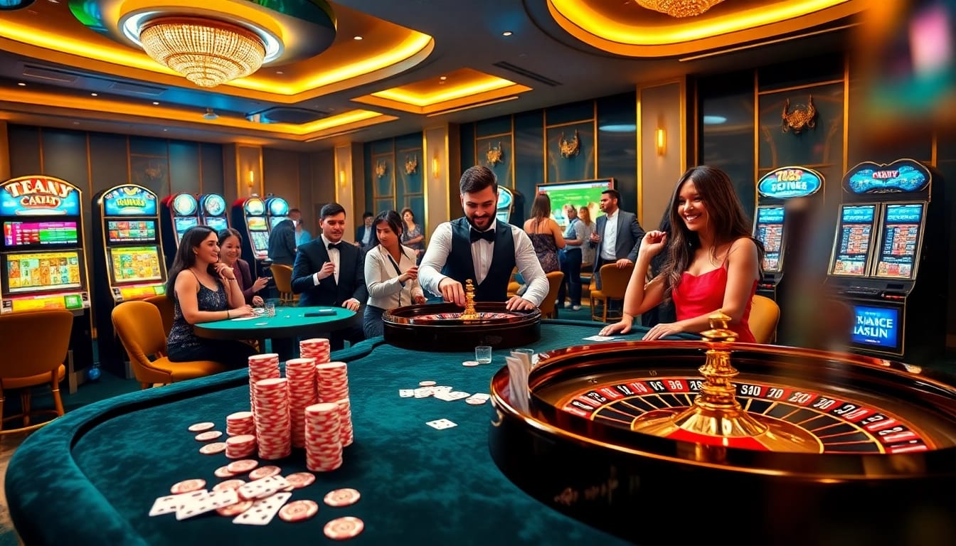 Experience the luxury and excitement of TG88 casino with vibrant gaming tables, colorful slot machines, and enthusiastic players.