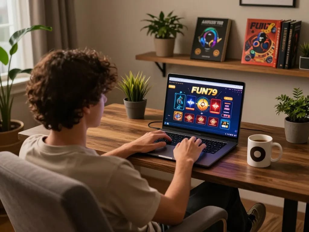 Engaging player focusing on FUN79 online casino interface in a cozy home setting.