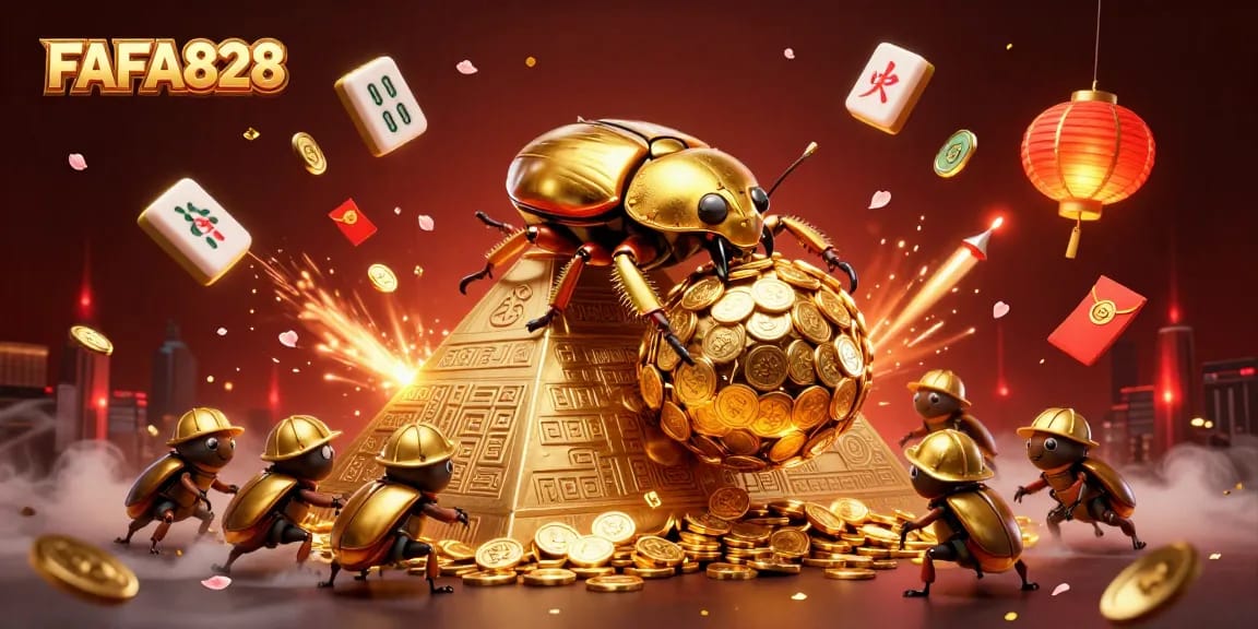 FAFA828 showcases a massive golden dung beetle amidst vibrant casino elements, enhancing your gaming experience.