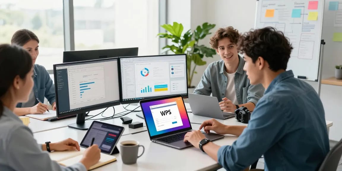Professionals collaborating on WPS Download in a modern office.