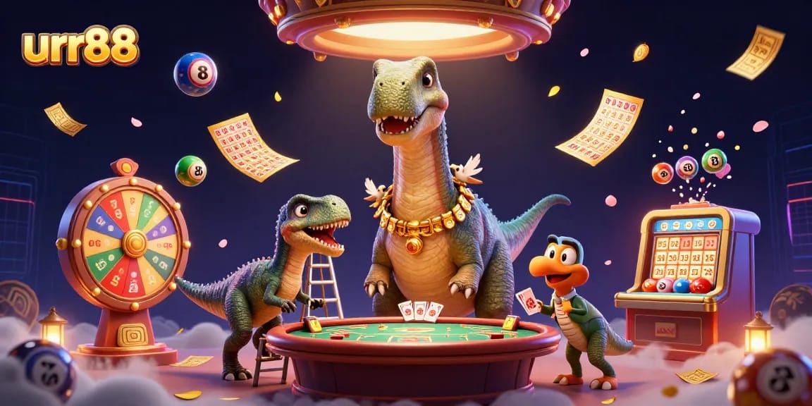 Join the excitement at urr88 with vibrant lottery balls and dynamic gaming elements in a rich casino scene.