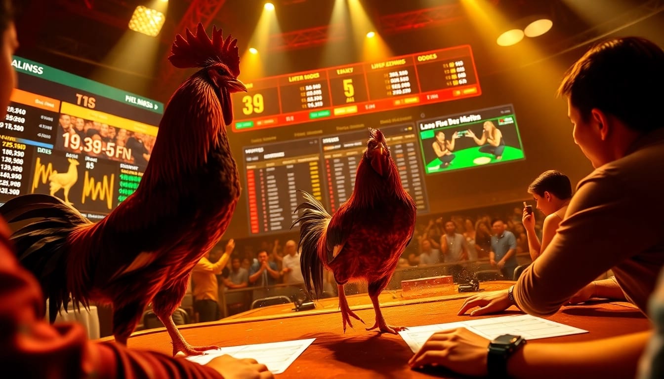 A thrilling view of a đá gà trực tiếp betting scene with live rooster fights and engaging betting interfaces.