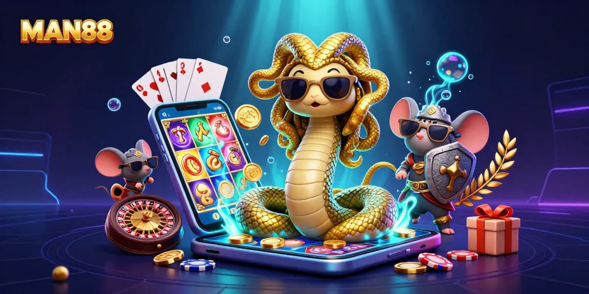 Experience thrilling gaming with MAN88: a fun illustration featuring a friendly Medusa and exciting casino elements.