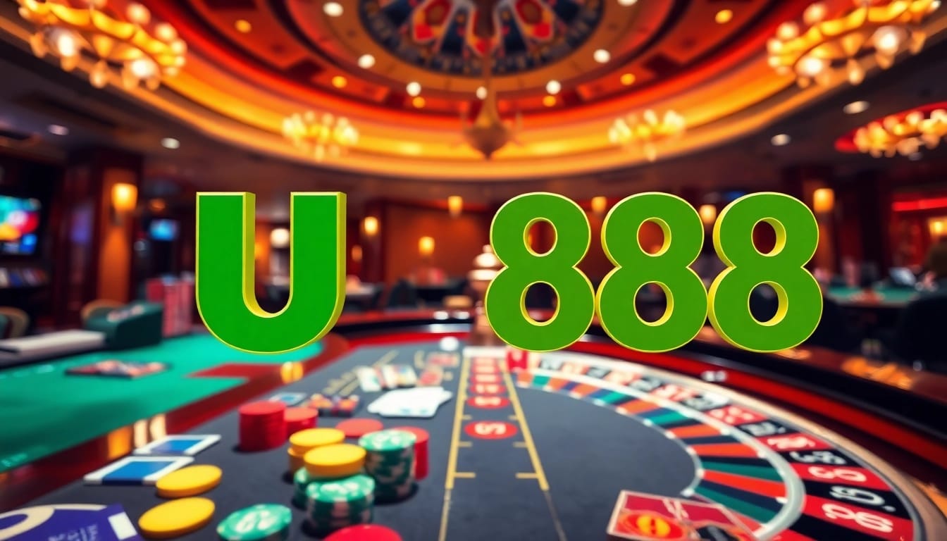 Engaging players at U 888 casino table with vibrant chips and cards enhancing the gaming experience.