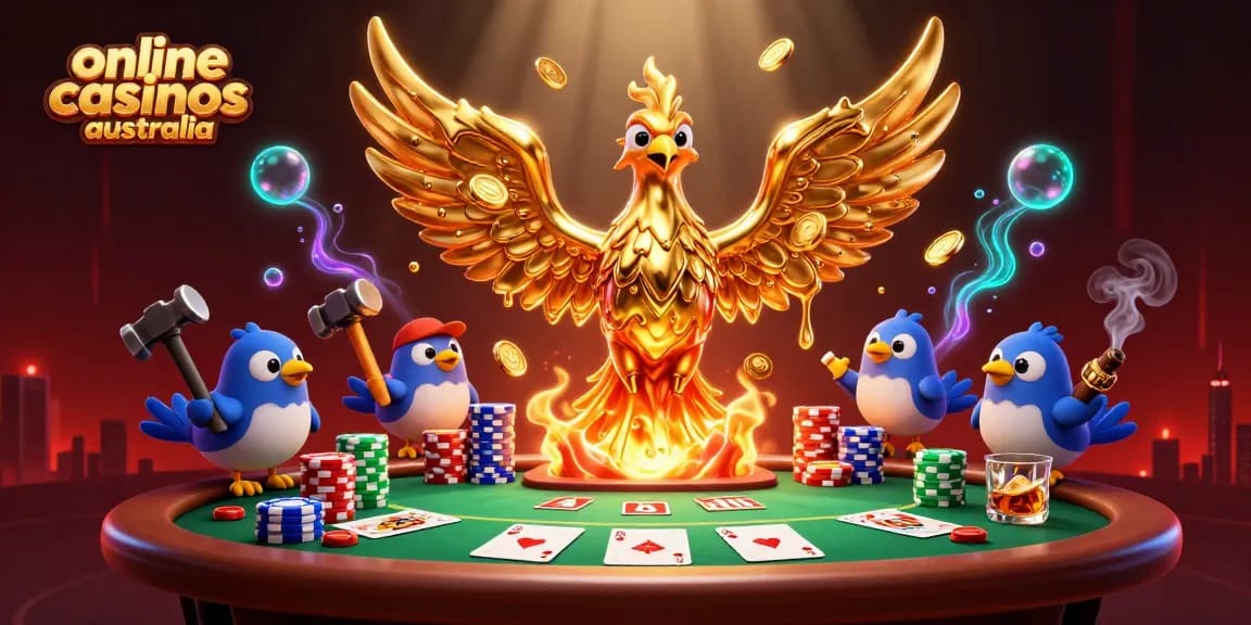 Experience the thrill of online casinos Australia with a vibrant 3D phoenix and poker elements.