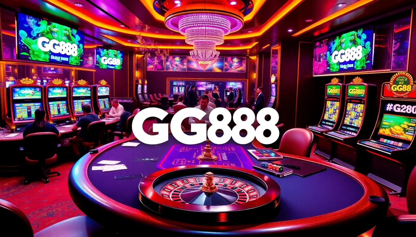 Gamblers enjoying thrilling gameplay at GG88 casino with poker chips and vibrant slot machines.