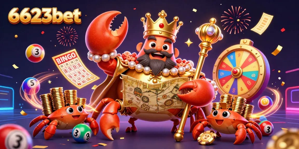 Engage in vibrant gameplay with 6623bet, featuring a grand crab emperor and lively lottery elements.
