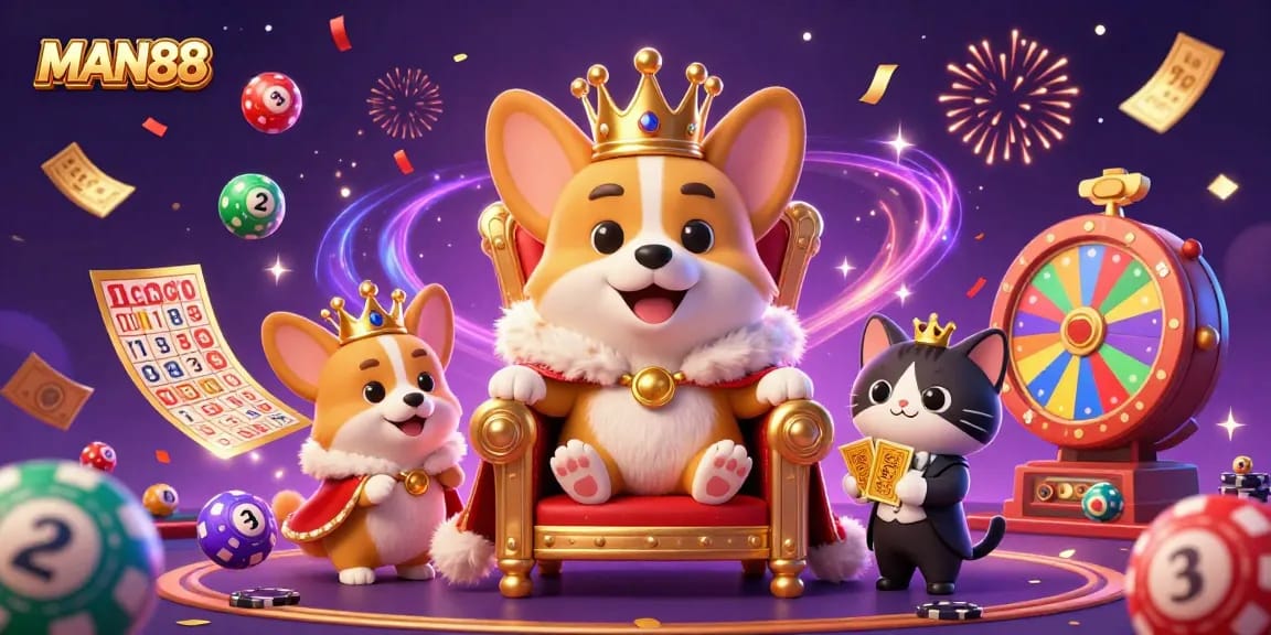 Experience the excitement of MAN88 with a vibrant casino scene filled with playful elements.