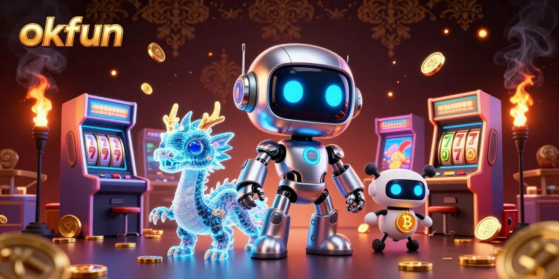 Experience thrilling gameplay at okfun with a vibrant 3D casino scene featuring robotic characters and slot machines.