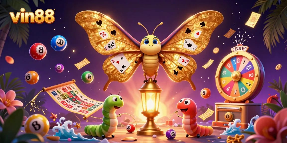 Experience vibrant casino games at vin88 with golden elements and dynamic lottery balls.