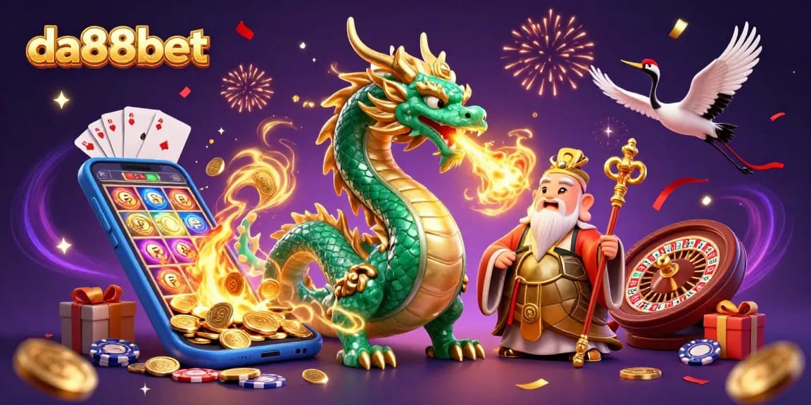 Experience thrilling gameplay with da88bet's massive emerald dragon and lucky cranes in a vibrant casino scene.