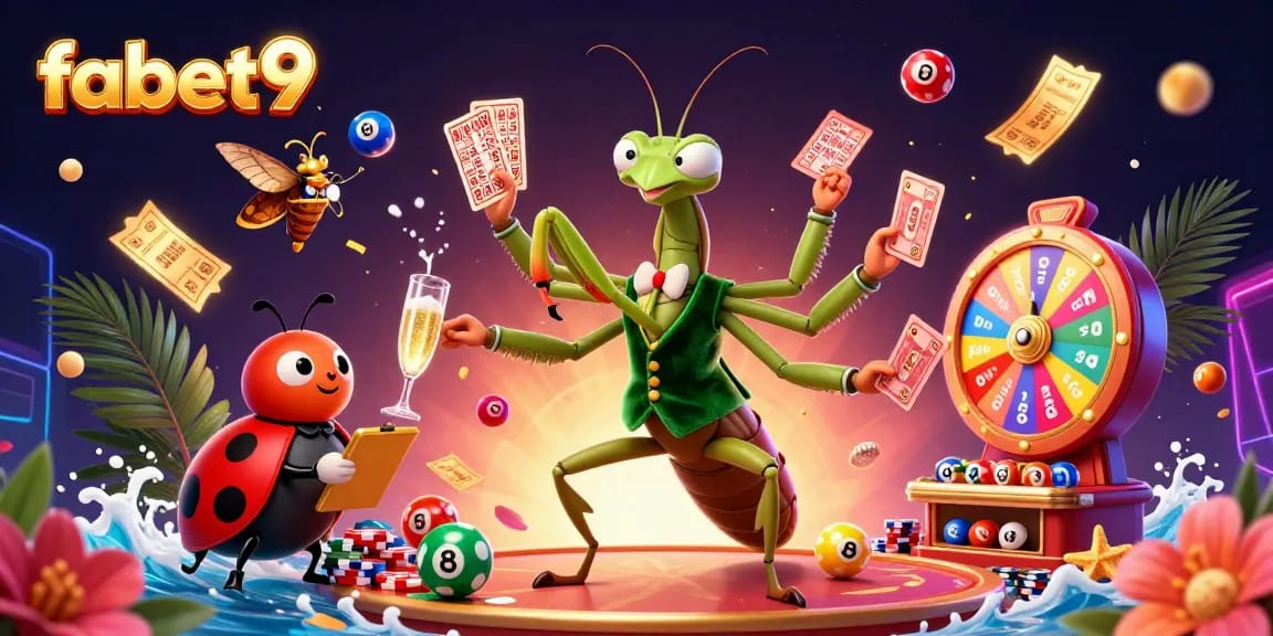 Engage with fabet9 in a vibrant, colorful casino scene featuring dynamic lottery elements and characters.