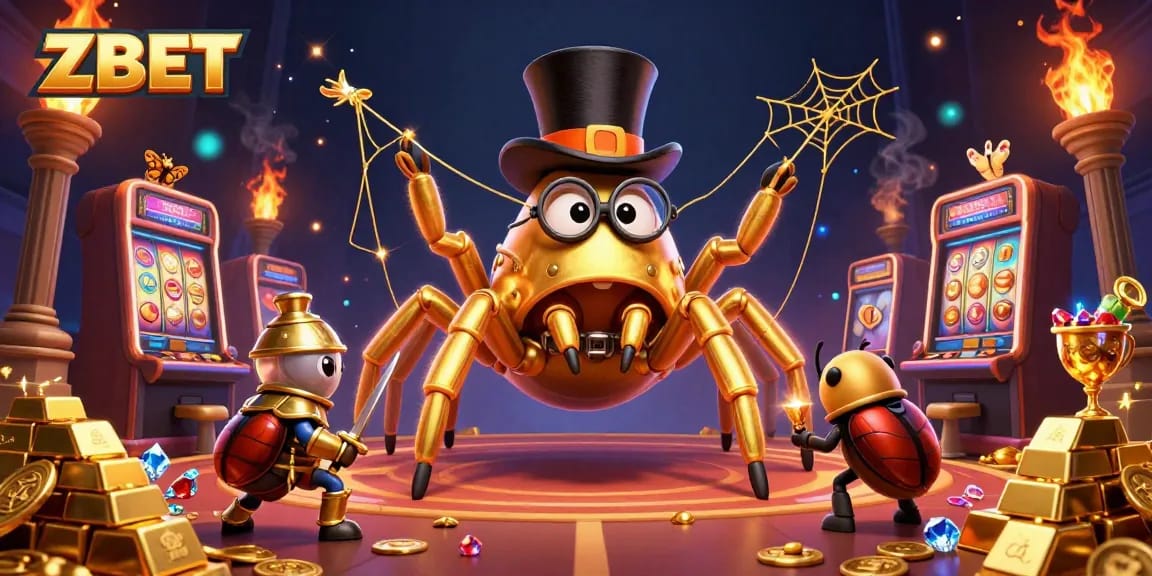 ZBET offers thrilling online gambling with stunning visuals of a golden tarantula and beetle knight.