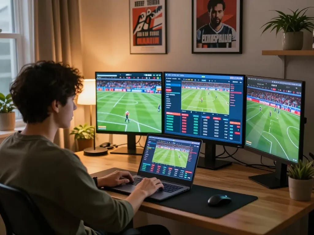 Betting on live sports with 98win9's interactive interface at home, showcasing engagement and excitement.