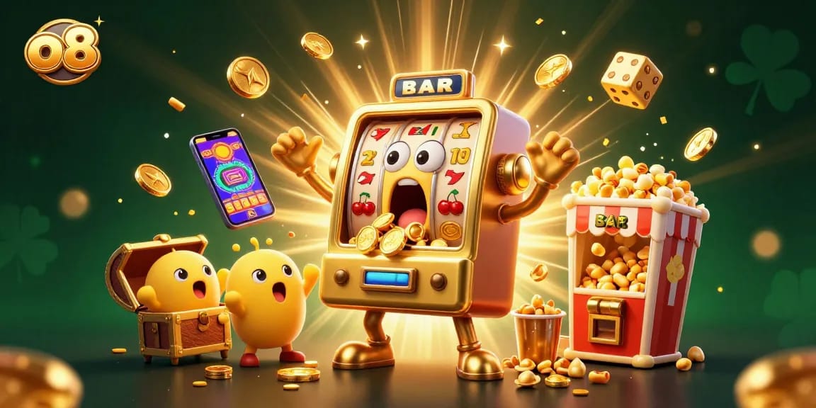 Play at o8's vibrant casino with a golden slot machine jackpot, surrounded by action-packed elements.