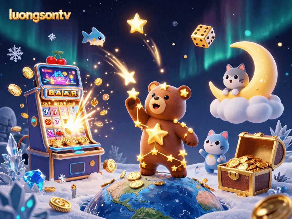Experience thrilling slots escapades on luongsontv, featuring vibrant 3D illustrations of a constellation bear and exciting casino elements.