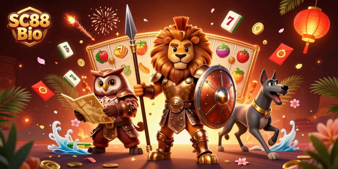 Engage with thrilling SC88 Bio slot games, featuring a Spartan lion and vibrant elements.