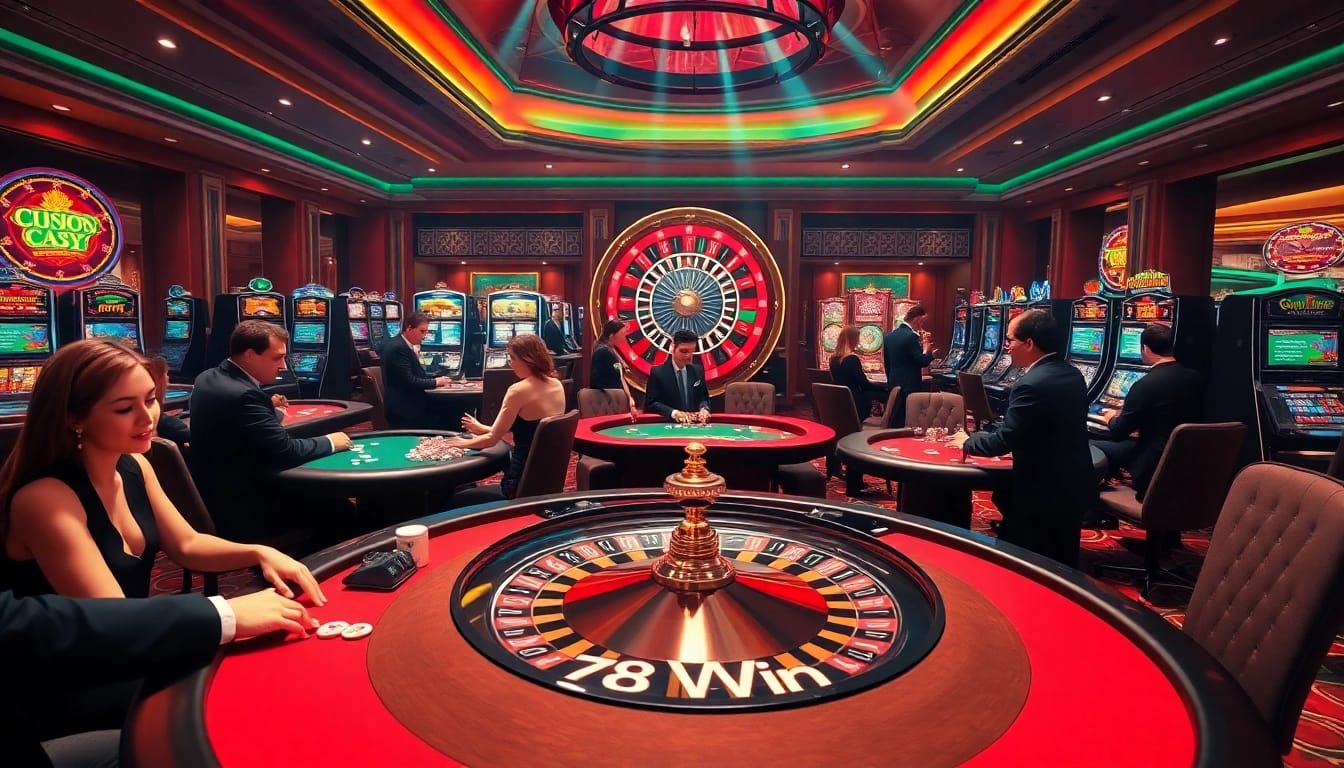 Players engage in an exciting strategy game at 78Win’s vibrant casino tables, showcasing the thrill of gambling.