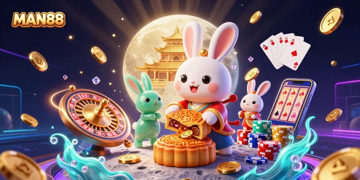 MAN88 features an entertaining scene with a moon rabbit presenting gambling excitement surrounded by vibrant casino elements.