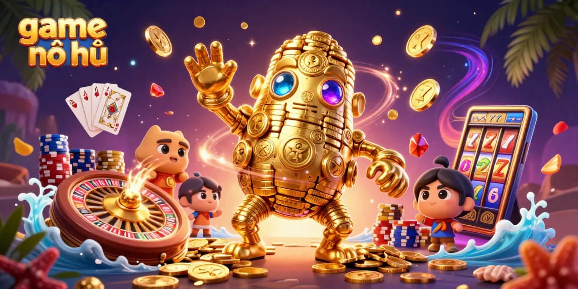 Experience the excitement of game nổ hũ with a lively scene showcasing golden golem, cascading coins, and vibrant slot elements.
