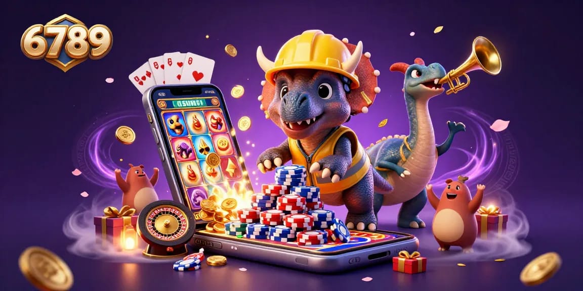 Experience thrilling gaming adventures with 6789 in this dynamic casino illustration featuring vibrant characters and exciting games.