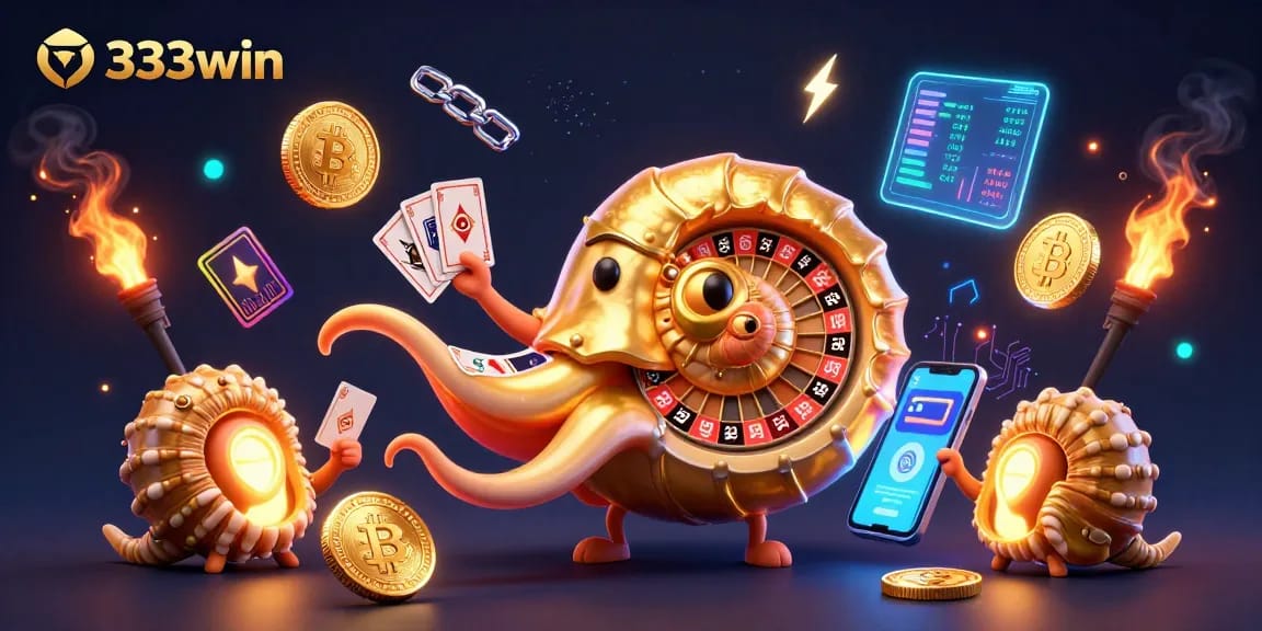 Experience excitement with 333win, as a giant nautilus holds cards and glowing coins illuminate the casino.