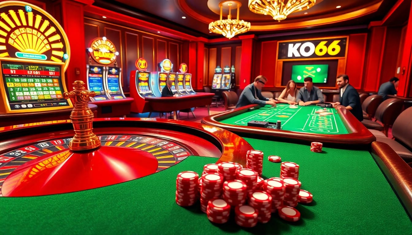 Tham gia KO66 bằng cách đặt cược tại một bàn casino sinh động đầy chip và bánh xe roulette.