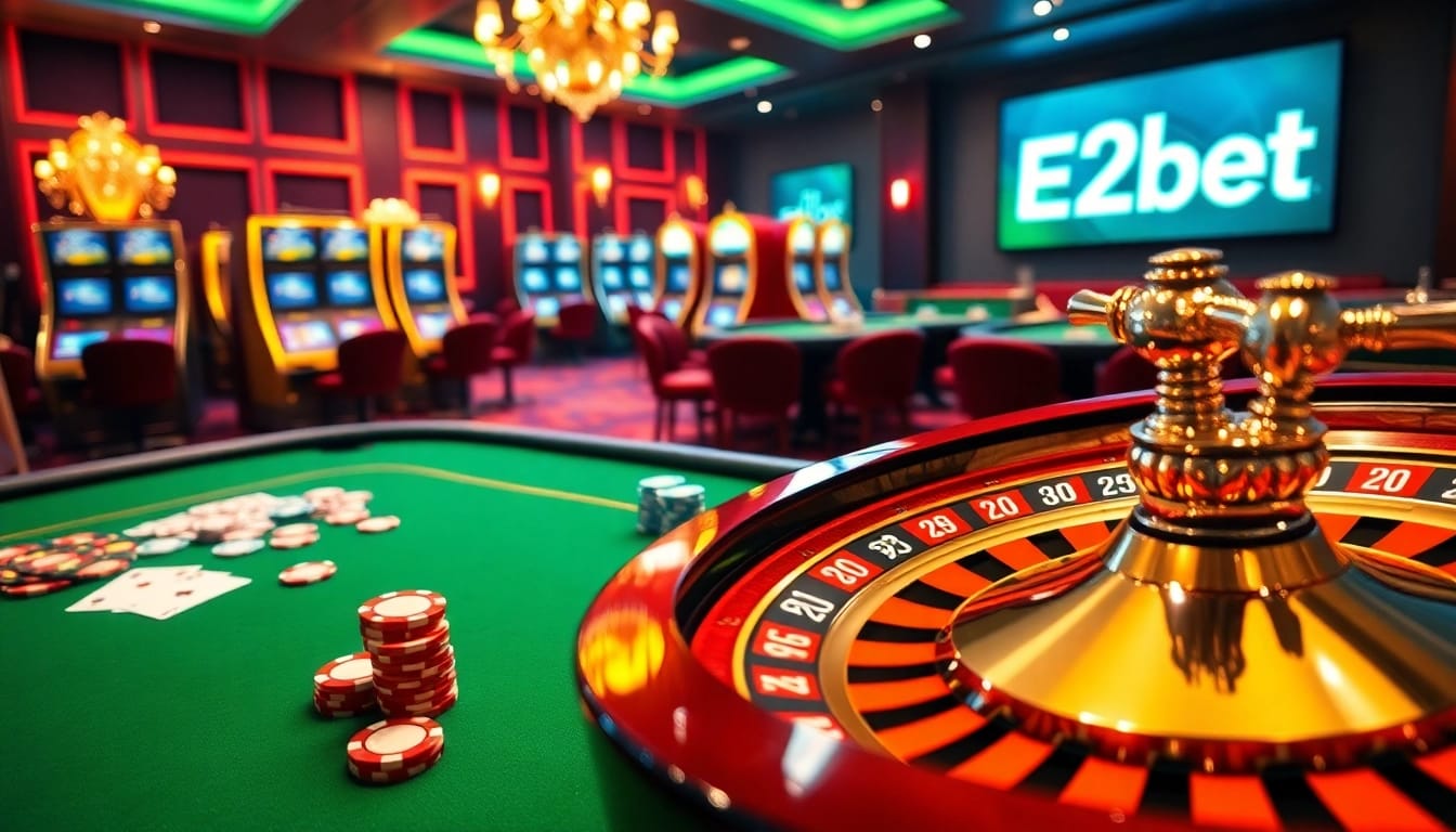 E2bet casino scene featuring vibrant tables, poker chips, and an illuminated roulette wheel.