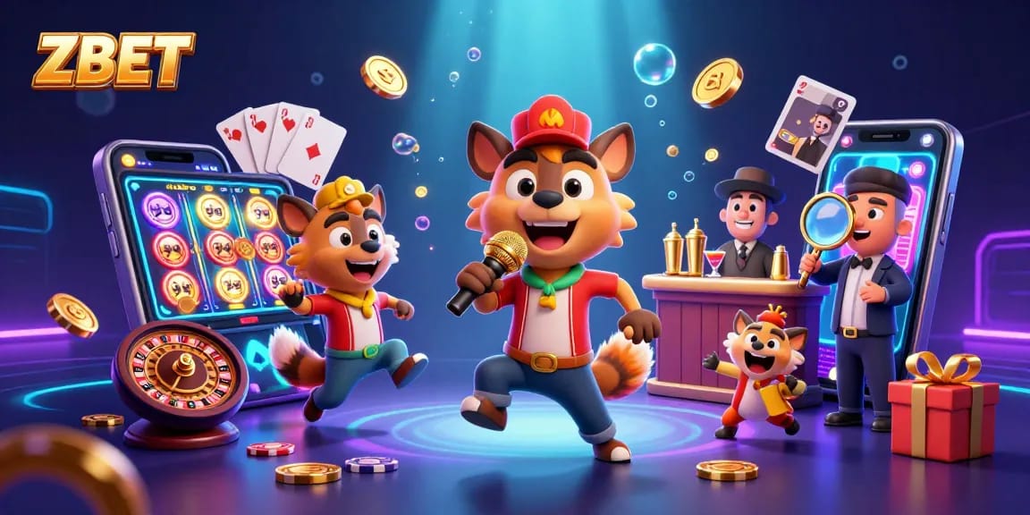 ZBET's hyena comedy casino scene with vibrant colors and dynamic gaming elements