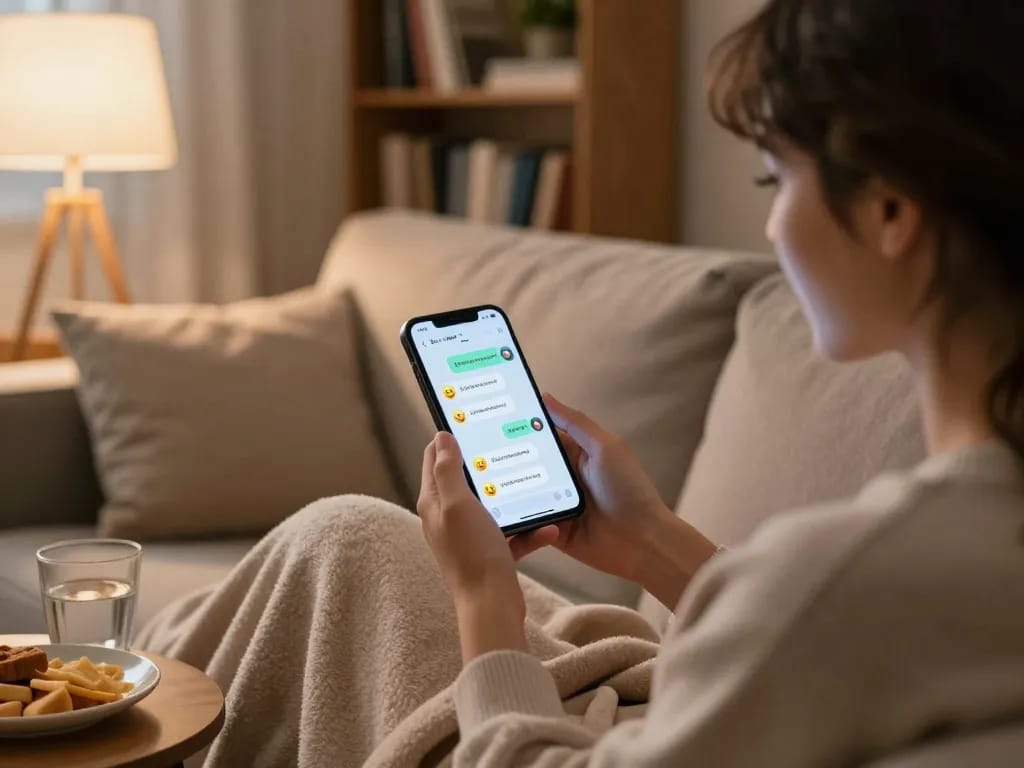 Engaging in sexting AI conversations on smartphone in cozy room.