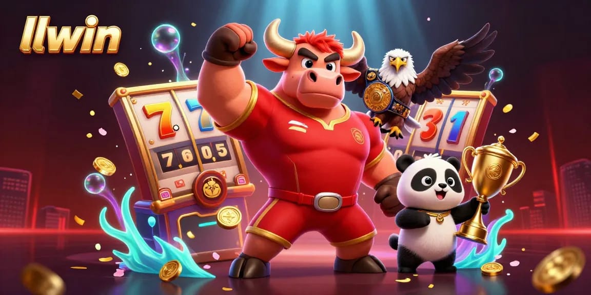 Engage with llwin's thrilling jackpot experience featuring a muscular bull, eagle, and panda in a vibrant casino scene.