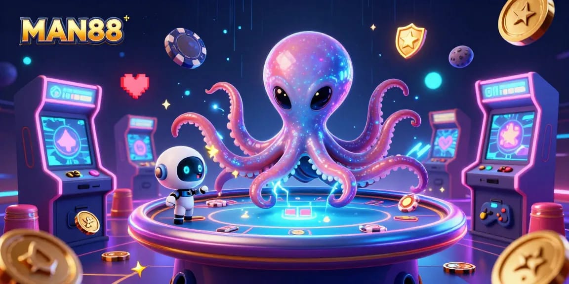 Play exciting poker with MAN88 and a futuristic octopus in a vibrant 3D casino scene.