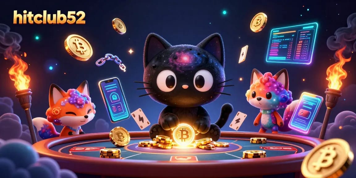 Experience the thrill of gaming at hitclub52 with a cosmic cat and colorful fox amidst crypto coins.