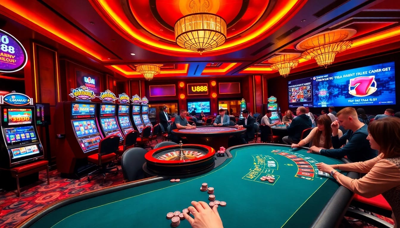 Players engage in thrilling games at U 888 casino, featuring vibrant tables and excitement.