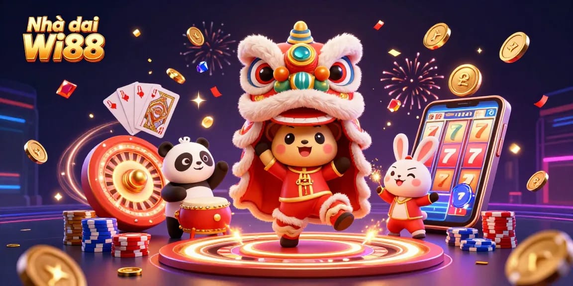 Experience the thrill at Nhà cái Wi88 with vibrant casino elements and immersive characters.