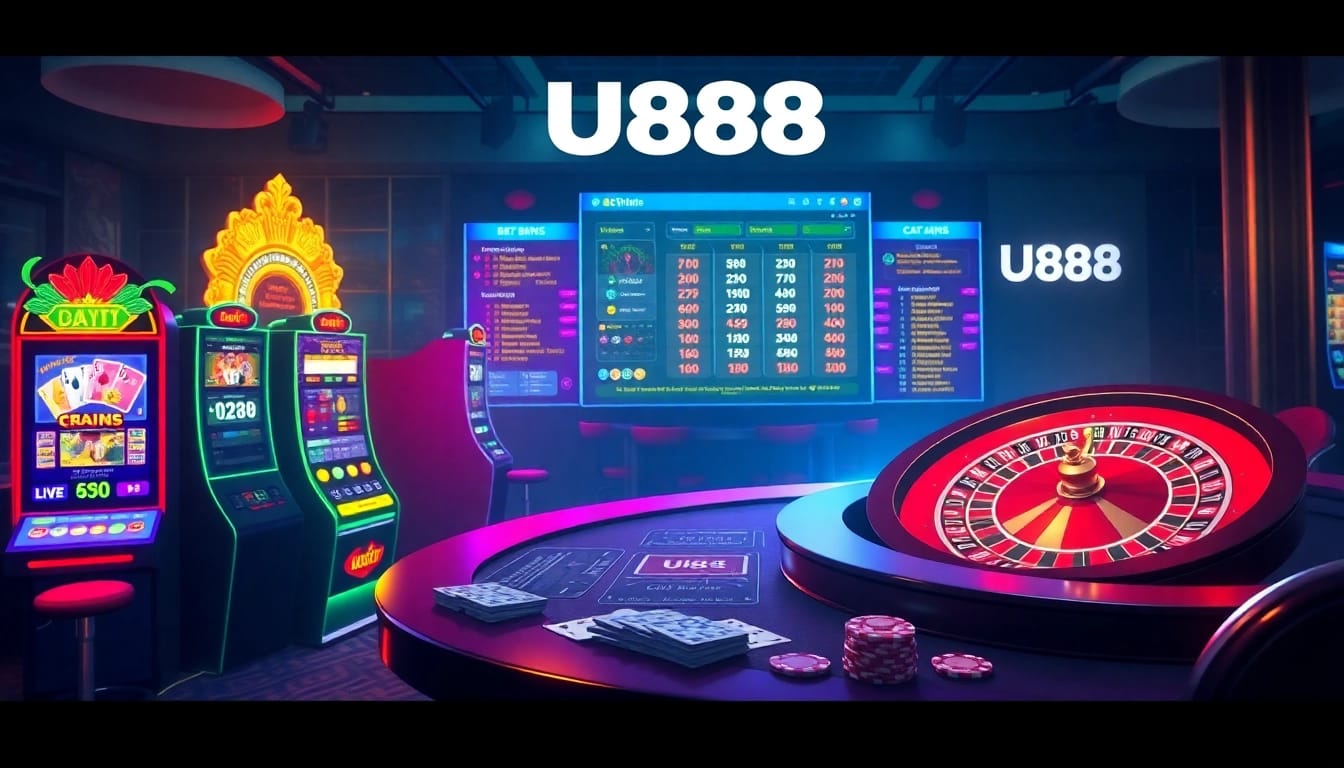 Experience the thrill of U888 online with dynamic casino visuals showcasing slots and poker.