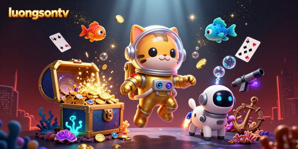 Experience thrilling gaming excitement with luongsontv as a space cat and robot dog explore a cosmic treasure.