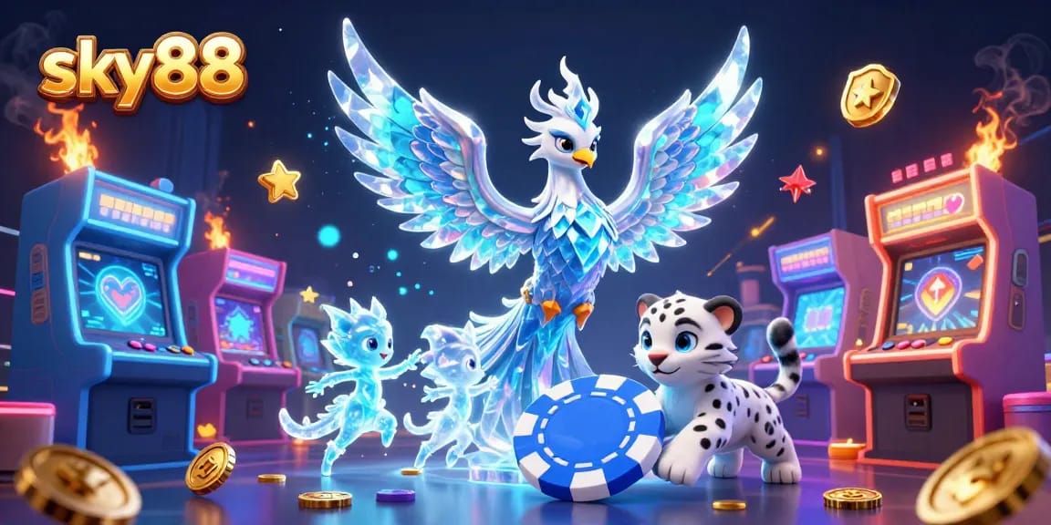 Experience sky88's enchanting world, where playful ice sprites and an ice phoenix illuminate the casino atmosphere.