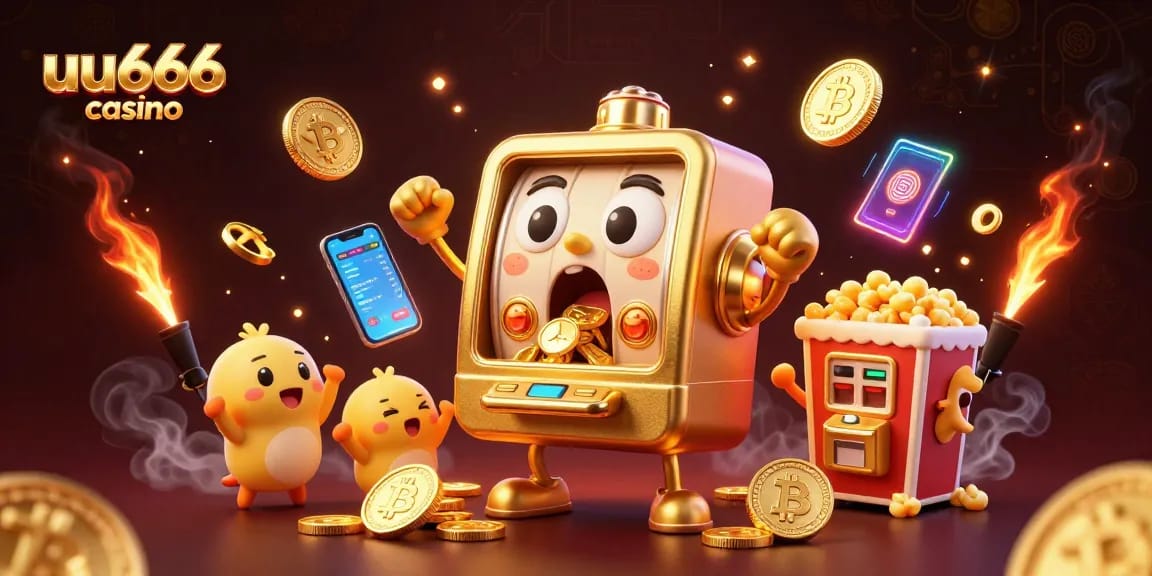 Engaging illustration of uu666 casino's golden slot machine celebrating a jackpot, surrounded by dynamic crypto elements