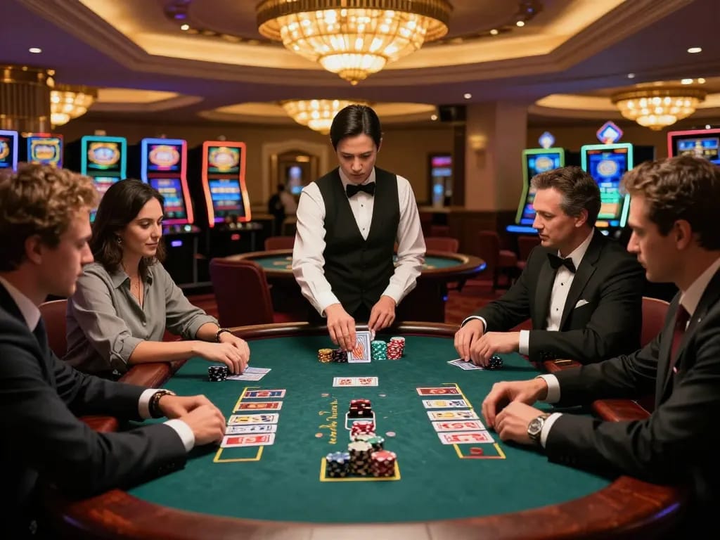 Players engage in expert strategy at a blackjack table on 98win, showcasing high-stakes gameplay.
