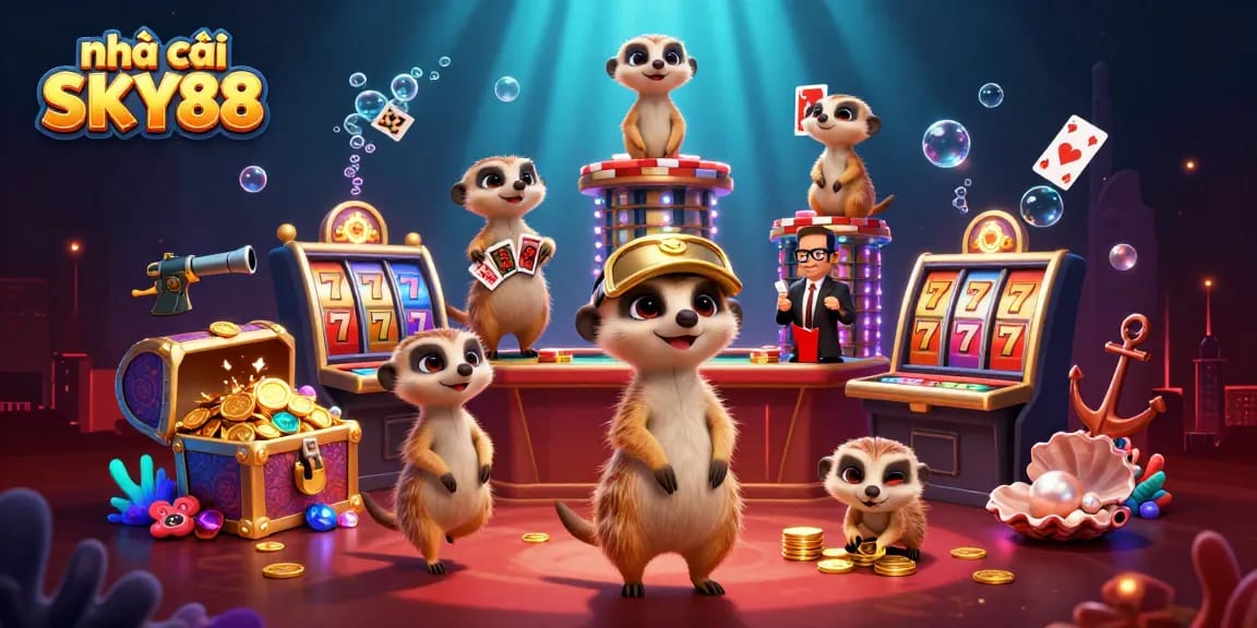 Experience the thrilling action at nhà cái SKY88 with a vibrant cassino scene featuring playful meerkats!