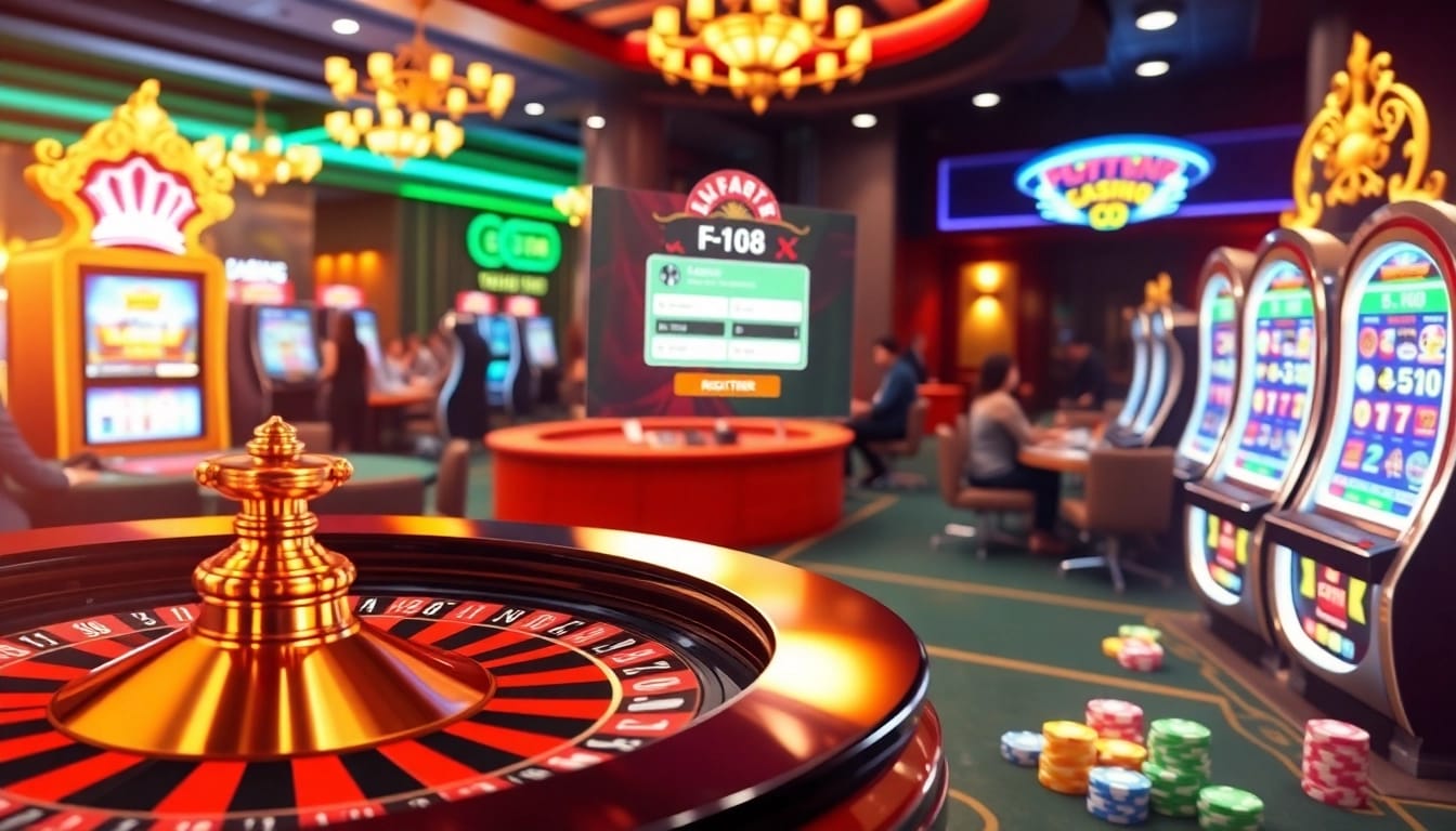 Experience the thrill of Đăng Ký F168 in a vibrant casino scene with roulette and poker chips.