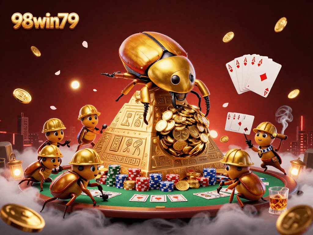 Engage in thrilling gameplay at 98win79 with golden coins and vibrant poker elements amidst a mystical casino scene.